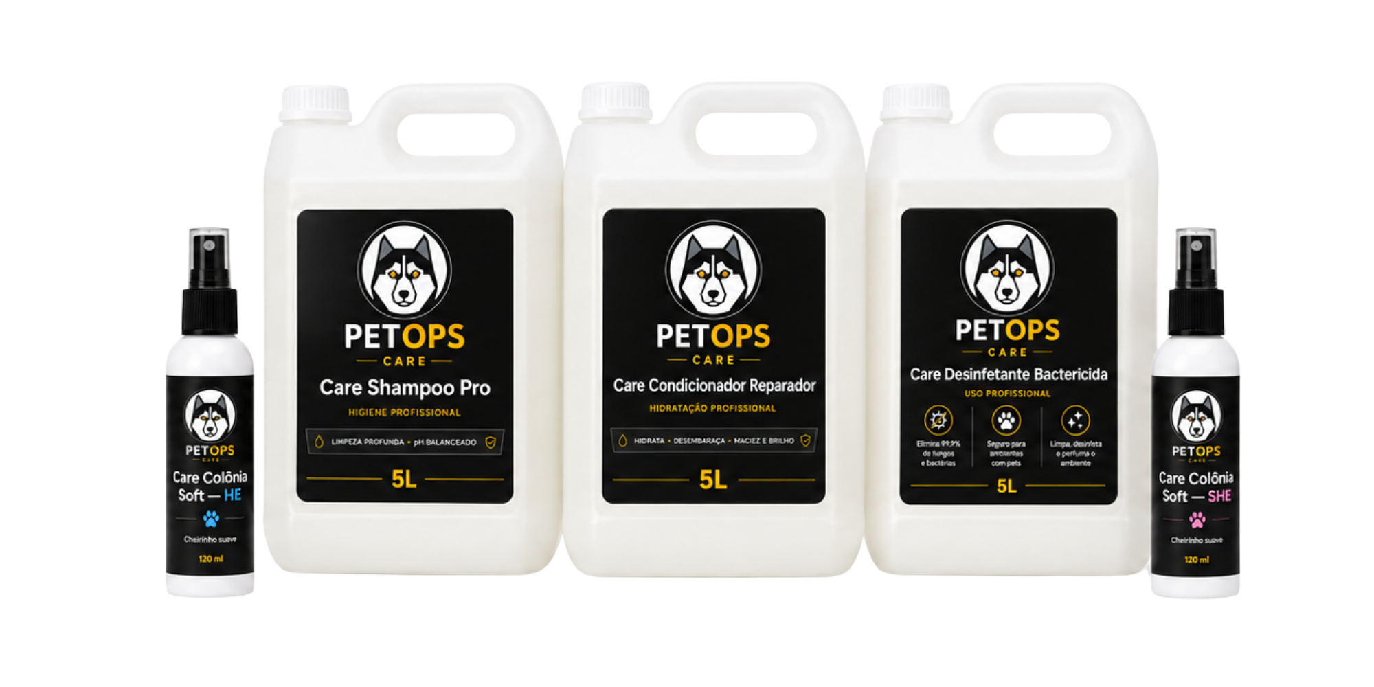 Linha PetOps Care: Shampoo Pro, Condicionador Reparador, Desinfetante Bactericida e Colônias Soft